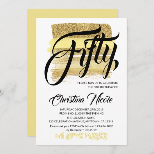 金ゴールドのブラシのきらめく50誕生会のトレンディー 招待状 (正面/裏面)