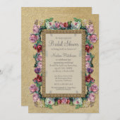 金ゴールドのブロケードの花のフォーマルでエレガントなブライダルシャワー 招待状 (正面/裏面)