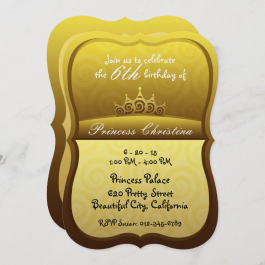 金ゴールドのプリンセスの王冠のらせん状の誕生日 招待状 (正面/裏面)