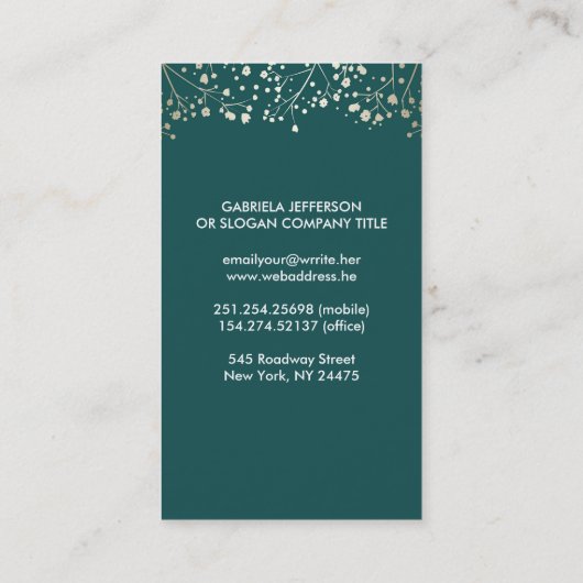 金ゴールドのベビーの呼吸およびティール（緑がかった色）色のエレガントな花柄 名刺 (裏面)