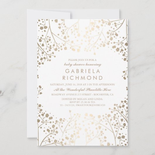 金ゴールドのベビーの呼吸エレガントで白いベビーシャワー 招待状 (正面)