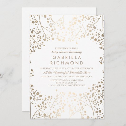 金ゴールドのベビーの呼吸エレガントで白いベビーシャワー 招待状 (正面/裏面)