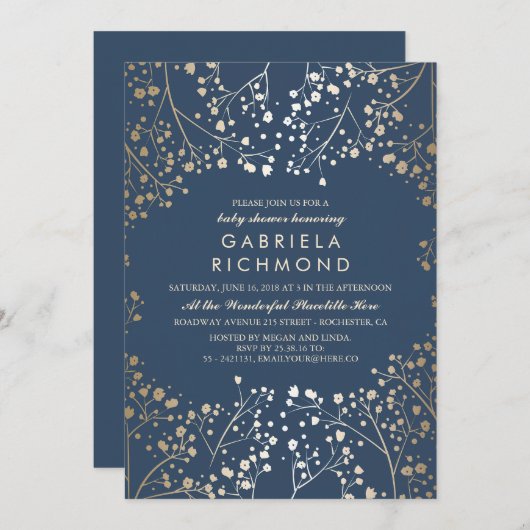 金ゴールドのベビーの呼吸海軍エレガントなベビーシャワー 招待状 (正面/裏面)