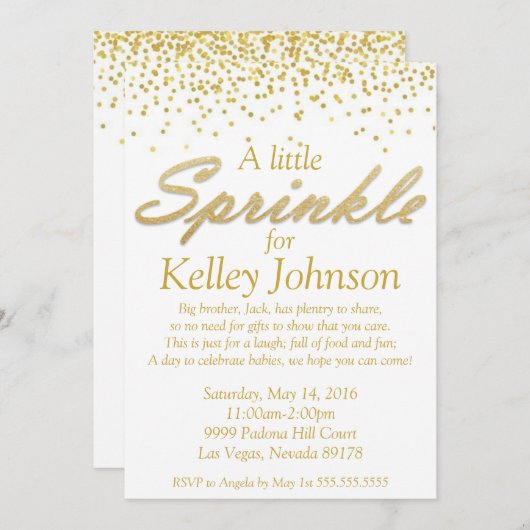 金ゴールドのベビーはシャワーの招待を振りかけます 招待状 (正面/裏面)