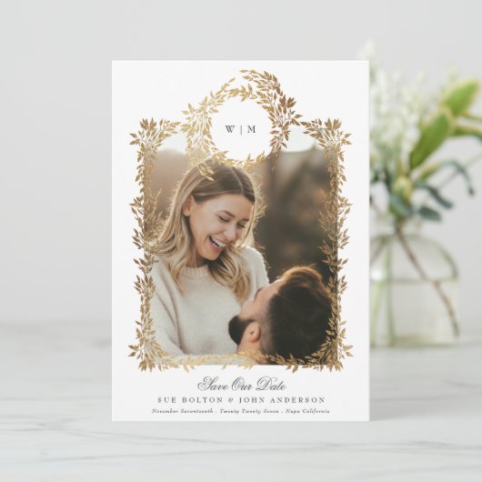 金ゴールドのボタニカルフレーム結婚写真 セーブザデート (スタンド正面)