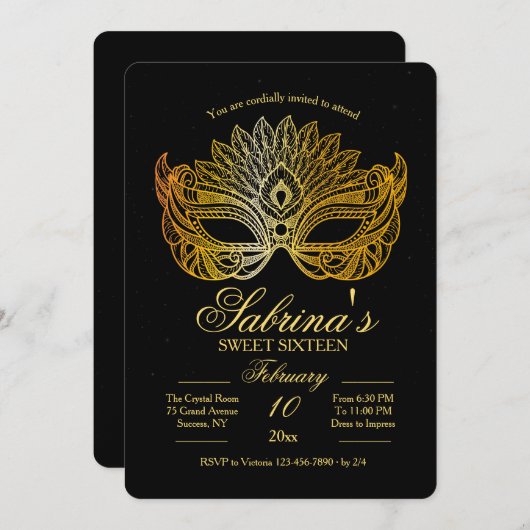 金ゴールドのマスクの仮面舞踏会のSweet sixteenの招待状 招待状 (正面/裏面)