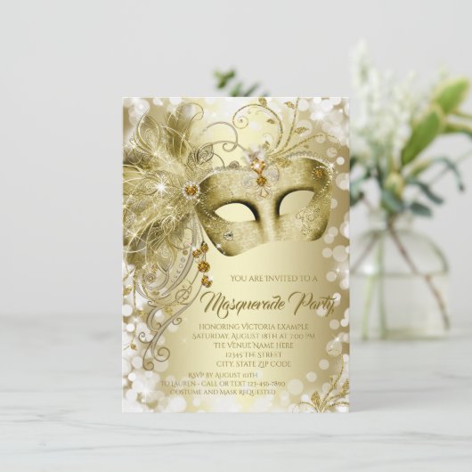 金ゴールドのマスクのMaqueradeのエレガントなパーティー 招待状 (スタンド正面)