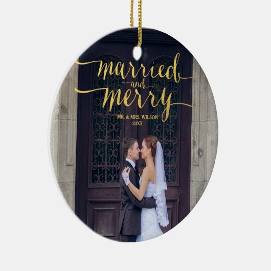 金ゴールドのメリーで、結婚したな新婚者の休日の写真 セラミックオーナメント (右)