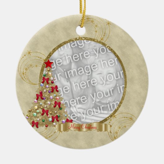 金ゴールドのメリークリスマスの木の写真のオーナメント セラミックオーナメント (正面)