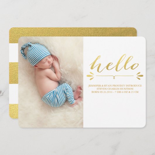 金ゴールドのモダンな誕生の発表のフォトカード 案内状 (正面/裏面)