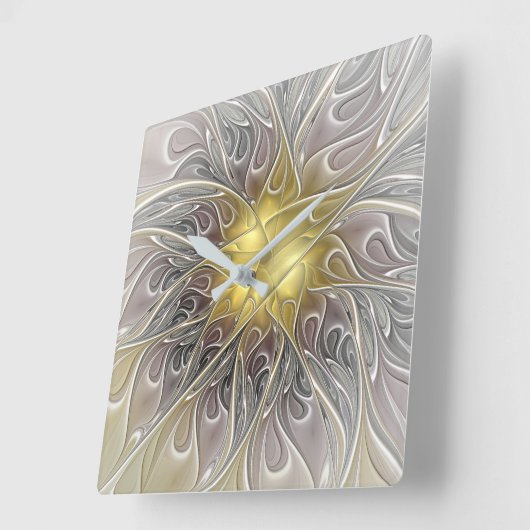 金ゴールドのモダンの抽象芸術のフラクタルの花との華麗さ スクエア壁時計 (傾斜)