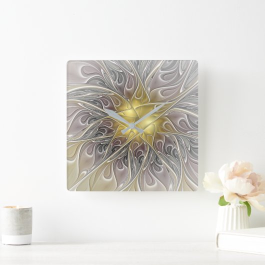 金ゴールドのモダンの抽象芸術のフラクタルの花との華麗さ スクエア壁時計 (ホーム)