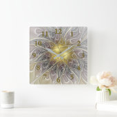 金ゴールドのモダンの抽象芸術のフラクタルの花との華麗さ スクエア壁時計 (ホーム)