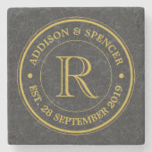 金ゴールドのモノグラムの黒の革結婚記念日 ストーンコースター (正面)