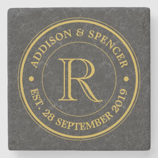 金ゴールドのモノグラムの黒の革結婚記念日 ストーンコースター (正面)