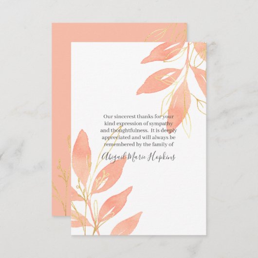 金ゴールドのモモの水彩画の花柄は死別感謝していしています サンキューカード (正面/裏面)