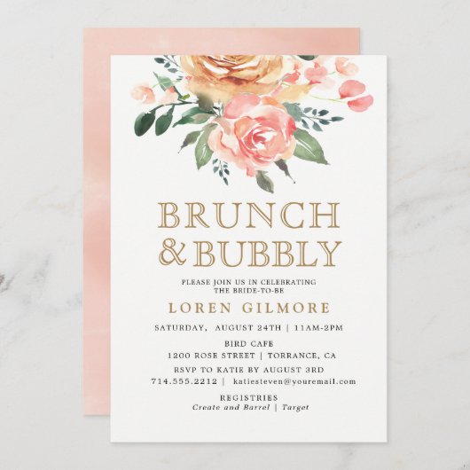 金ゴールドのモモの花の花嫁のブランチのシャワー 招待状 (正面/裏面)