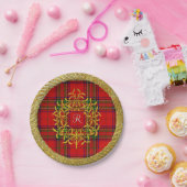 金ゴールドのヤドリギのステュワートの格子縞のモノグラム ペーパープレート (パーティー)