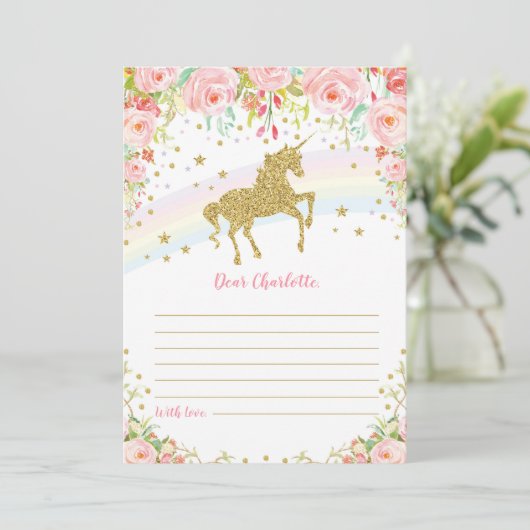金ゴールドのユニコーンのタイムカプセルのピンクのバラメッセージカード 招待状 (スタンド正面)