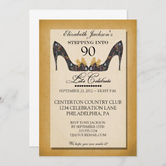 金ゴールドのヴィンテージの花の靴の第90誕生日の招待状 招待状 (正面/裏面)
