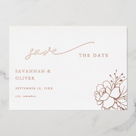 金ゴールドの並びフローラ白と日付の保存 箔招待状 (正面)