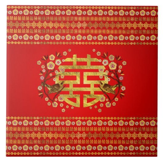 金ゴールドの二重ハピネスシンボル(花と鳥付き) タイル (正面)