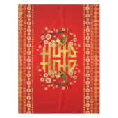 金ゴールドの二重ハピネスシンボル（花と鳥付き） テーブルクロス (正面)