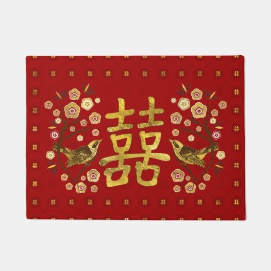 金ゴールドの二重ハピネスシンボル（花と鳥付き） ドアマット (正面)