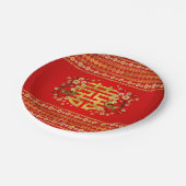 金ゴールドの二重ハピネスシンボル（花と鳥付き） ペーパープレート (アングル)