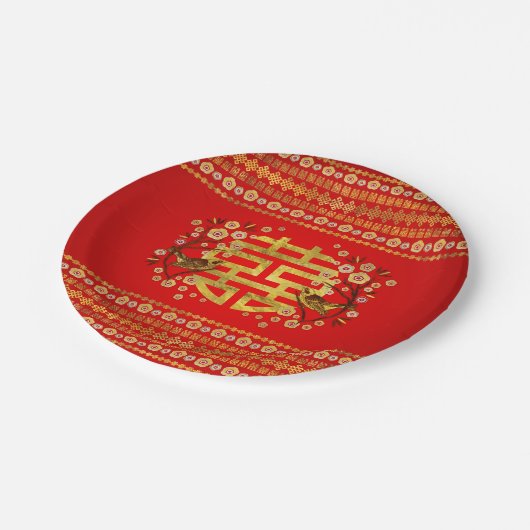 金ゴールドの二重ハピネスシンボル（花と鳥付き） ペーパープレート (アングル)