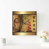 金ゴールドの仏の緑の葉及び赤い花 スクエア壁時計 (ホーム)