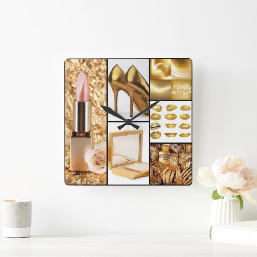 金ゴールドの付属品の魅力的なファッションのコラージュ スクエア壁時計 (ホーム)