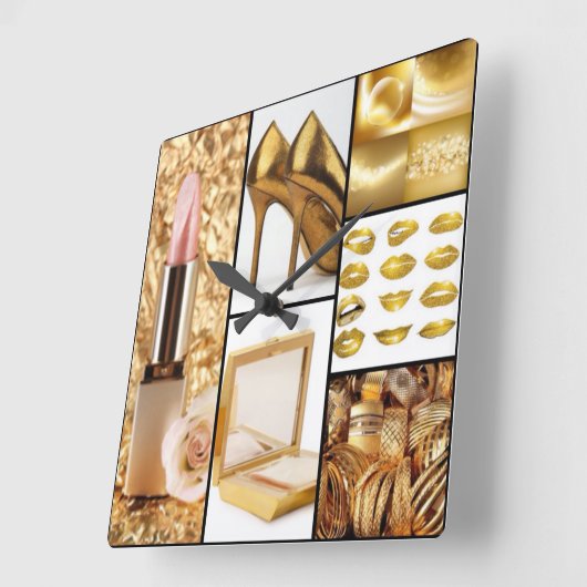 金ゴールドの付属品の魅力的なファッションのコラージュ スクエア壁時計 (傾斜)