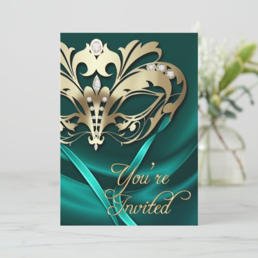 金ゴールドの仮面舞踏会のティール(緑がかった色)によって宝石で飾られるパーティの招待状 招待状 (スタンド正面)