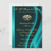 金ゴールドの仮面舞踏会のティール（緑がかった色）によって宝石で飾られるパーティの招待状 招待状 (裏面)