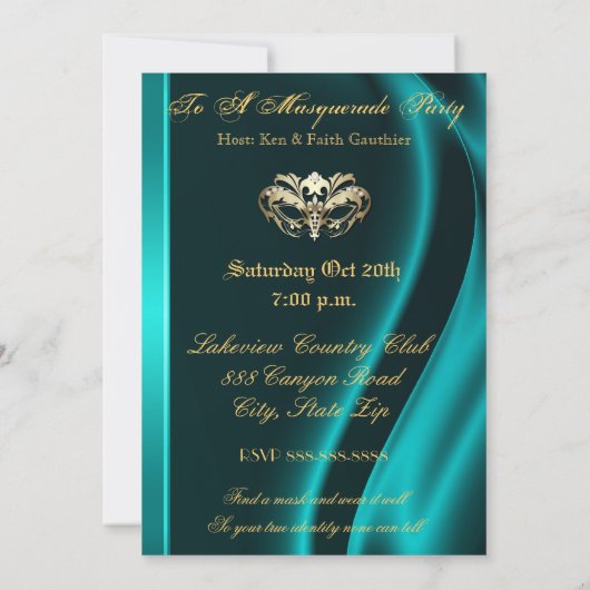 金ゴールドの仮面舞踏会のティール(緑がかった色)によって宝石で飾られるパーティの招待状 招待状 (裏面)