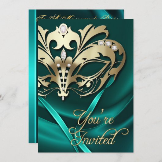 金ゴールドの仮面舞踏会のティール(緑がかった色)によって宝石で飾られるパーティの招待状 招待状 (正面/裏面)