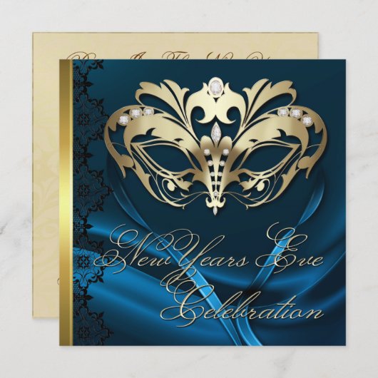 金ゴールドの仮面舞踏会のマスクの青い新年の招待状 招待状 (正面/裏面)