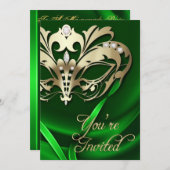 金ゴールドの仮面舞踏会の緑によって宝石で飾られるパーティの招待状 招待状 (正面/裏面)