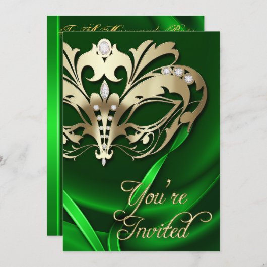 金ゴールドの仮面舞踏会の緑によって宝石で飾られるパーティの招待状 招待状 (正面/裏面)