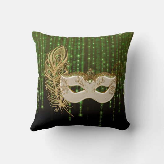 金ゴールドの仮面舞踏会の緑のひもは正方形の枕をつけます クッション (裏面)
