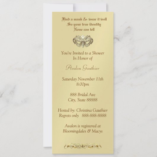 金ゴールドの仮面舞踏会の赤いブライダルシャワーの招待状 招待状 (裏面)