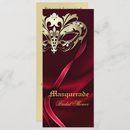 金ゴールドの仮面舞踏会の赤いブライダルシャワーの招待状 招待状 (正面/裏面)