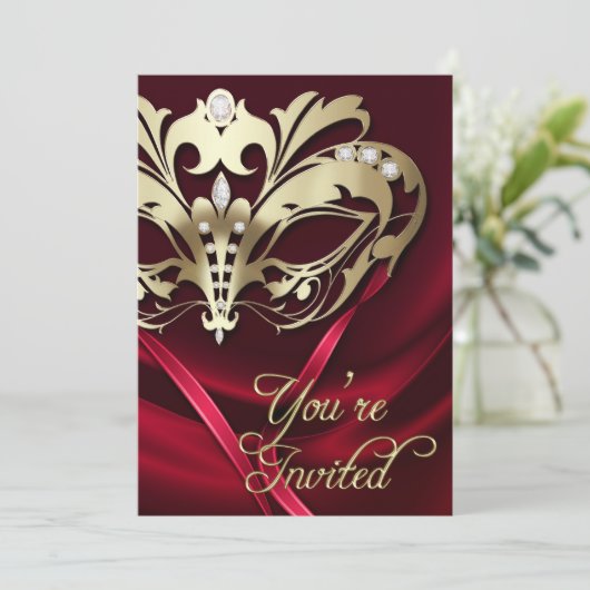 金ゴールドの仮面舞踏会の赤によって宝石で飾られるパーティの招待状 招待状 (スタンド正面)