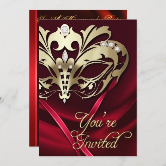 金ゴールドの仮面舞踏会の赤によって宝石で飾られるパーティの招待状 招待状 (正面/裏面)