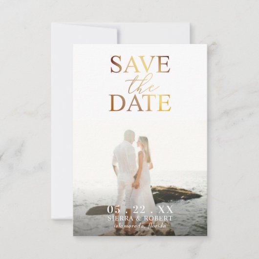 金ゴールドの保存日付の結婚式の発表 招待状 (正面)