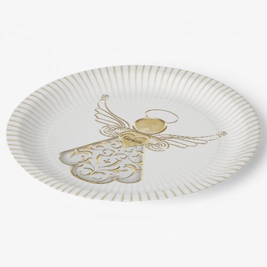 金ゴールドの優美の光線の線条細工のクリスマスの天使 ペーパープレート (アングル)