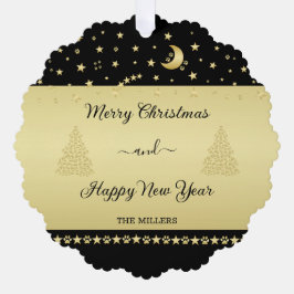 金ゴールドの光沢のあるクリスマススター、金ゴールドと黒の前足 オーナメントカード