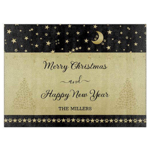 金ゴールドの光沢のあるクリスマススター、金ゴールドと黒の前足 カッティングボード (正面)