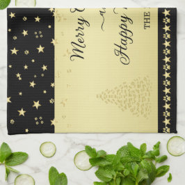 金ゴールドの光沢のあるクリスマススター、金ゴールドと黒の前足 キッチンタオル